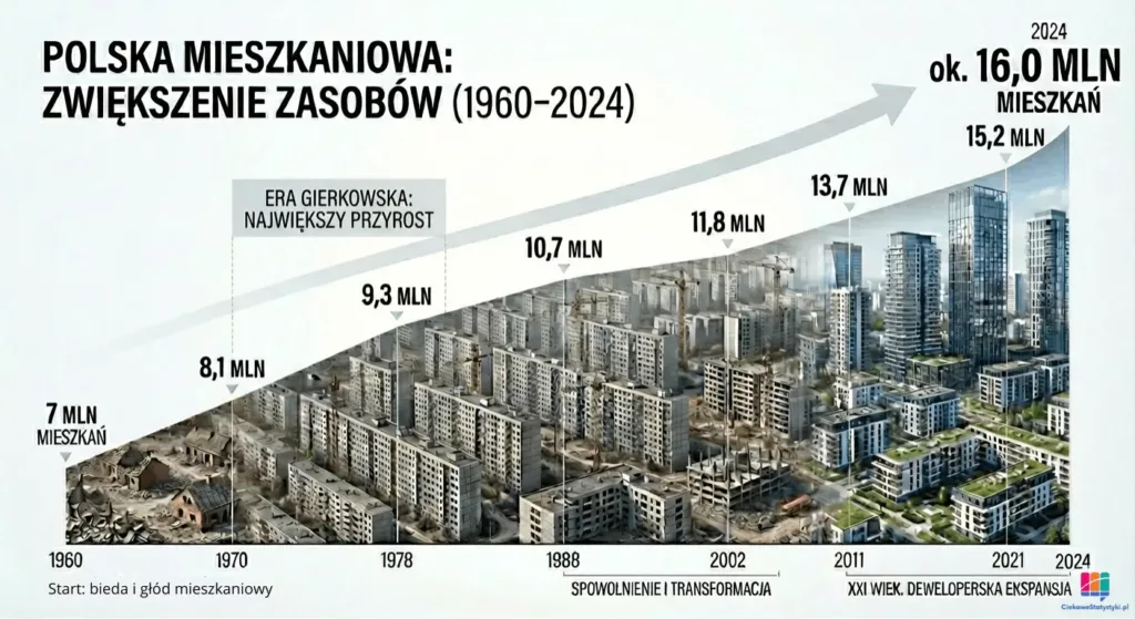 Wykres przedstawia jak zmieniała się liczba mieszkań w Polsce na przestrzeni lat na podstawie danych GUS