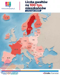 Gwałty w Europie 2024 – mapa wskaźnika zgłoszonych gwałtów na 100 tys. mieszkańców według danych Eurostatu.